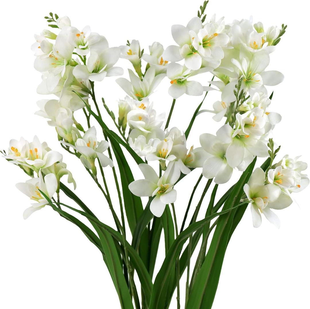7PCS Artificial Freesia Flowers, Faux Freesia Bouquet for Home Decor, Wedding, Party Floral Arrangements (White)
