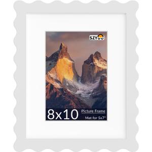 8x10 Wavy Picture Frame with Mat for 5x7, Real Glass and Wooden Frame - Tabletop or Wall Hanging Photo Frame(1 Pack, White)