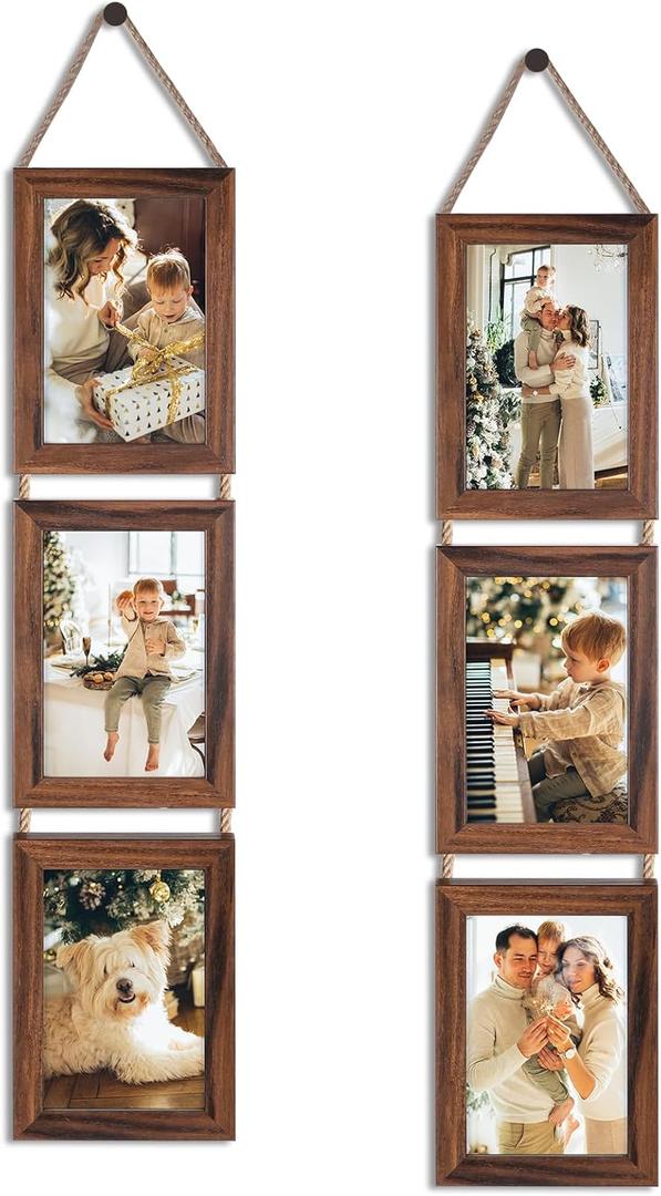 QUTREY 4x6 Picture Frames Collage, 6 Openings Wall Hanging Photo Frame Set of 2 Display 4 by 6 inch Vertical Pictures Frame, Rustic Walnut Brown