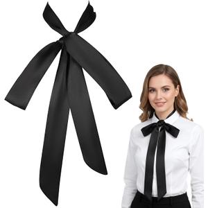Women Elegant Black Neck Tie, Versatile Satin Wide Folding Bowties, Self-Tie Accessory Black Neck Scarf for Dress Uniforms Cosplay Halloween Accessory (Black, S)