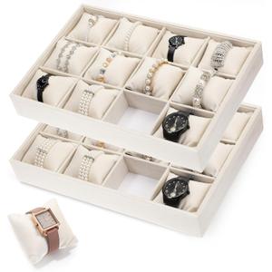 2 Pack Velvet Watch Tray 12 Grid Jewelry Organizer Tray Beige Stackable Watch Bracelet Bangle Display Holder With Adjustable Pillows for Men Women