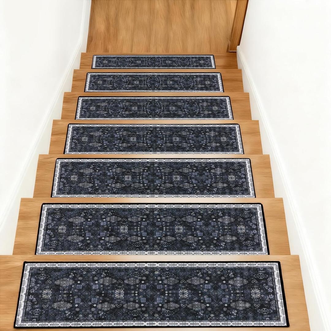 Vintage Boho Stair Treads Non Slip Carpet Stair Treads for Wooden Steps Indoor 15PCS 30"x8" Stair Runner TPR Backing Mats Safety Staircase Step Treads for Elders Kids Dogs Black
