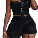 Molilove Women's Denim 2 Piece Outfits Button Tube Top and Cargo Shorts with Pockets Summer Sexy Jeans Shorts Set Tracksuits, Large, Black