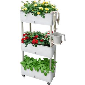 Self-Watering Raised Planter Box with Lockable Wheels,3-Tier Elevated Garden Bed with Visible Water Level Window,Indoor Outdoor Plastic Plant Box for Flowers,Vegetables & Herbs, Plus Size