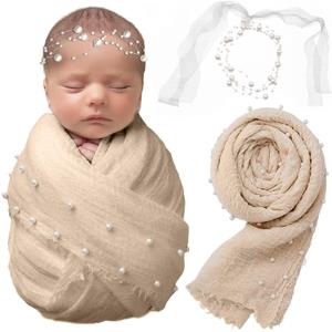 SPOKKI 2 PCS Baby Props Photography Wrap Kit, Newborn Photography Props, Handmade Pearl Wrap Blanket for Baby Photo Props with Pearl Headband, 35.5 X 67 inch Newborn Outfits for Photography (Beige)