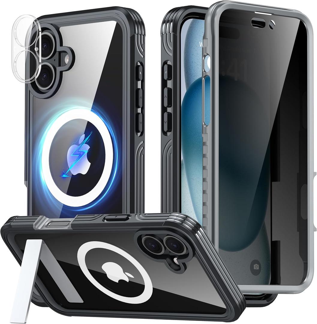 Magnetic & Stand for iPhone 16 Plus Case Built-in Privacy Screen Protector[360 Full Body Protection][Fit for Magsafe][Lens Protector] Heavy Duty Shockproof Phone Case for iPhone 16 Plus Black