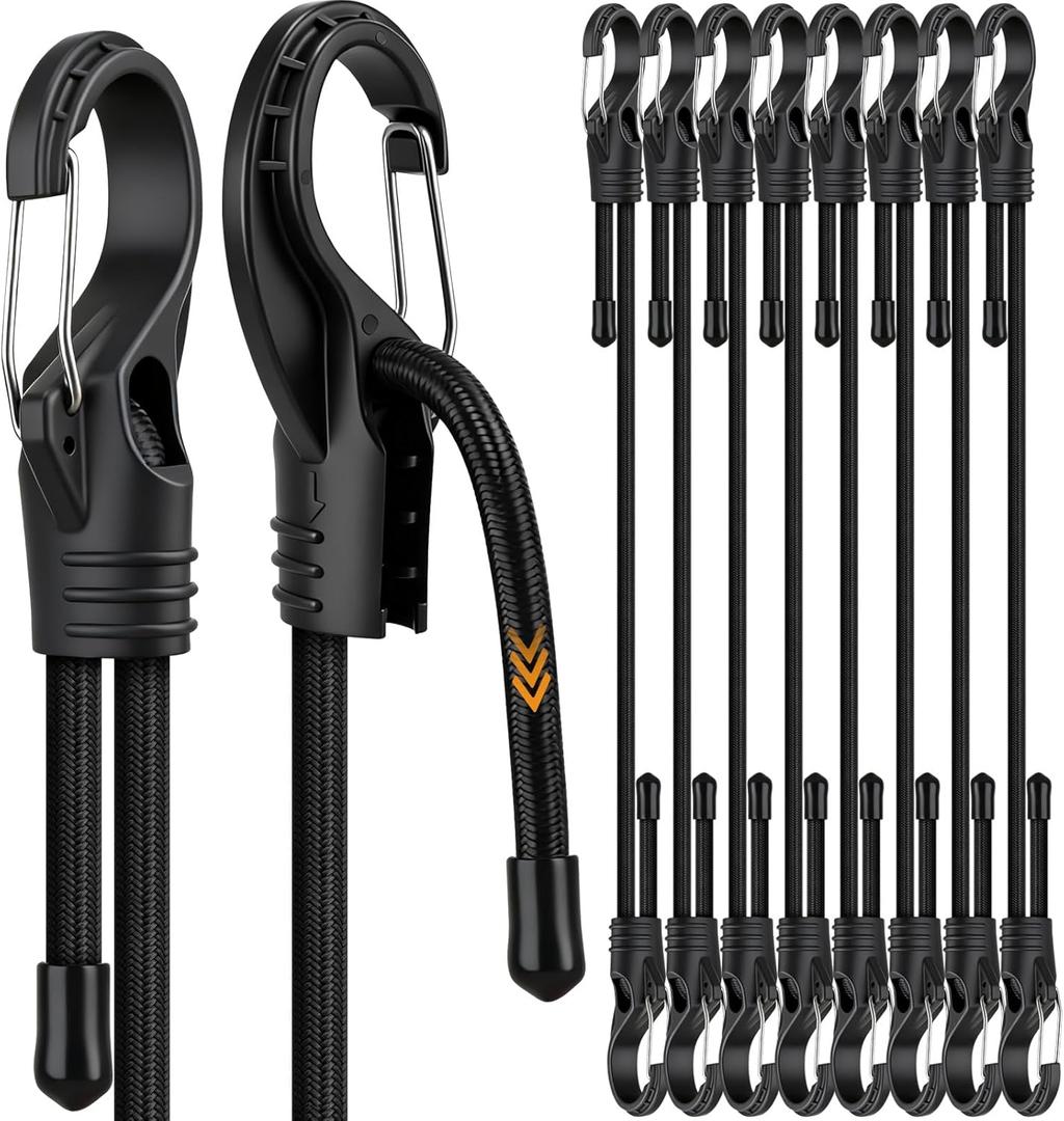 8-Piece 24-inch Adjustable Bungee Cords with Hooks, Heavy Duty Outdoor Carabiner Bungee Straps, Easily Adjust from 7" to 24", Black Super Elastic Cord for Cargo, Camping, Bike Racks, Tents