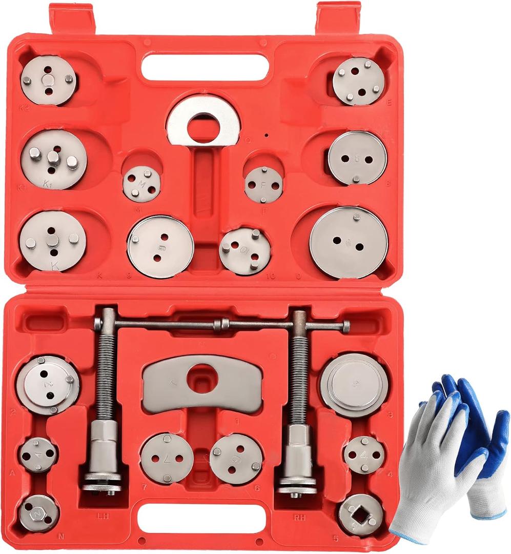 24PCS Disc Brake Caliper Tool Kit | Heavy Duty Disc Brake Piston Caliper Compressor Rewind Tool Set for Brake Pad Replacement Reset, Fits Most American European Japanese Autos (Red)