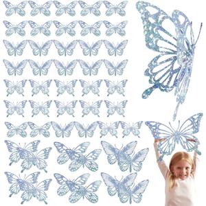 Yeaqee 24 Pcs Large Butterfly Party Decoration 3D Butterflies Wall Decor Set 2 Sizes 3 Styles Large Stickers for Birthday Baby Shower Nursery Bedroom Wedding Decor Cutouts (Glitter Silver)