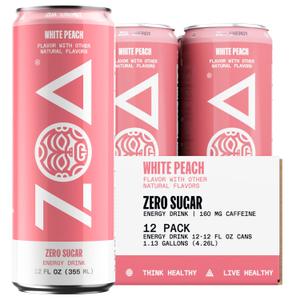 ZOA Zero Sugar Energy Drinks - White Peach | Healthy Energy Formula with Natural Caffeine, Daily Vitamin C, Essential B-Vitamins | Gluten-Free, Keto Friendly | 12 Ounce Cans (Pack Of 12) (EXP 01/03/27)