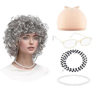Fumwase 5PCS Old Lady Costume Cosplay Grandma Granny Wig Madea Granny Glasses for Halloween Party Wigs 100 Days of School for Women Adult (Brown)