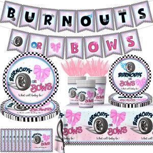 142pcs Burnouts or Bows Plates and Napkins Burnouts or Bows Gender Reveal Decorations Paper Wheels Bows Boys or Girls Tableware for Baby shower Gender Reveal Decorations Kit