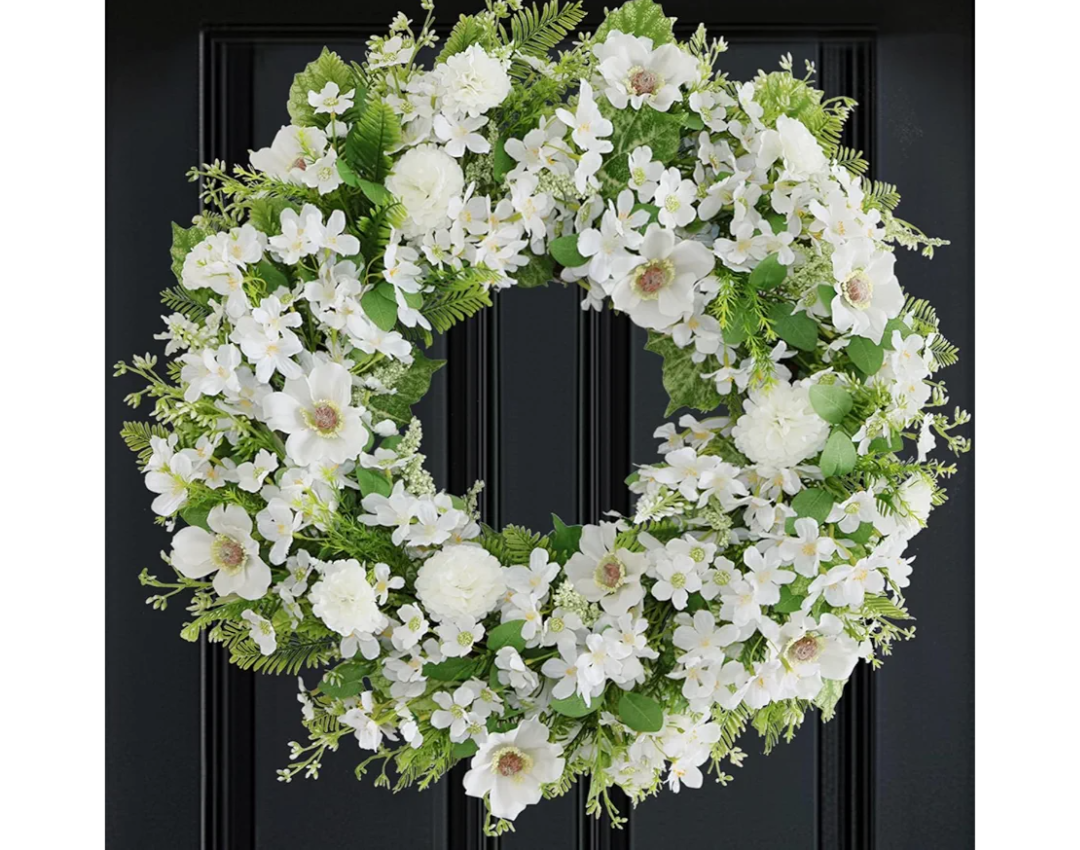 White Faux Silk Flower Spring Summer Easter Wreath 24-26" for Front Door – Anemone Daisy Tagetes Erecta Green Eucalyptus and Fern Leaves – Farmhouse Front Porch Wreath, Outdoor Indoor Use
