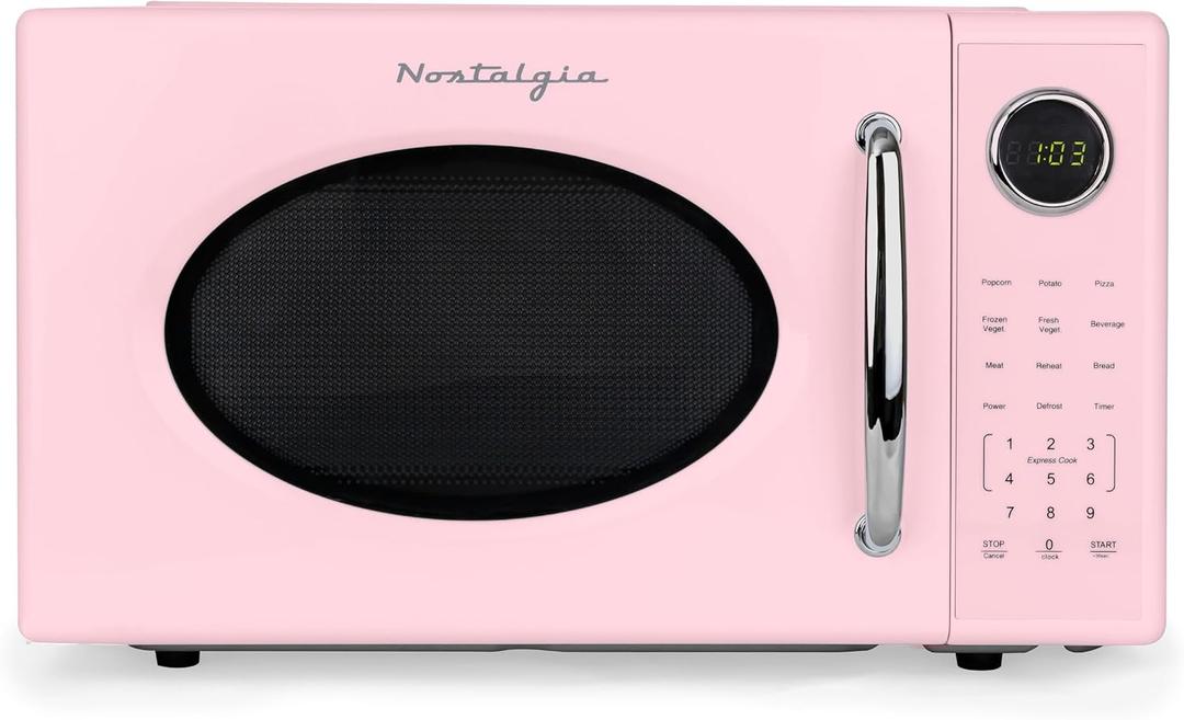Nostalgia Retro 1000W Microwave Oven 1.1 Cu Ft Capacity Child Safety Lock, 8 Auto-Cook Settings Countertop Kitchen Appliance Pink