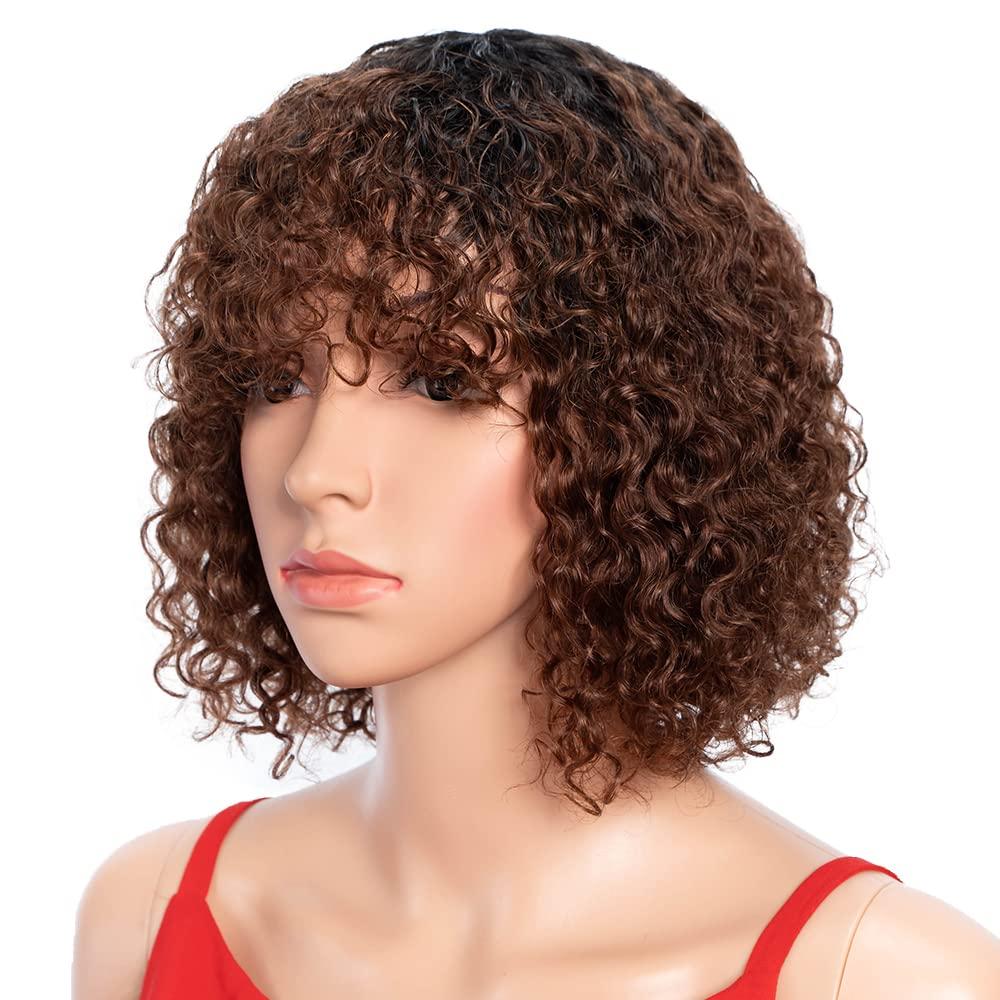 Spotlight Short Kinky Curly Wigs 10 inch Bob Loose Wave Human Hair Wigs for Women Brazilian Virgin Human Hair Wigs with Bangs 180% Density Natural Looking (Reddish Brown, TT1B/33)