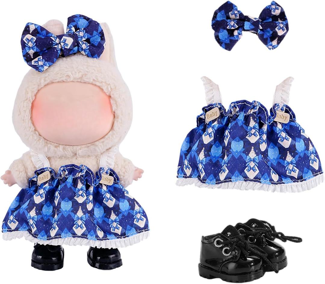 2 x 3-Piece Clothes for17cm Doll Clothes Set & Outfit-Blue Diamond Plaid Dress + Butterfly Clip + Versatile Black Glossy Shoesno Doll Included