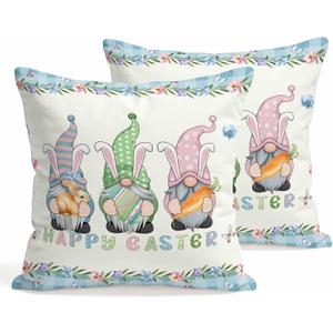 Easter Decorative Throw Pillow Covers 18x18 Set of 2 Gnome Spring Square Pillow Covers for Couch Happy Easter Eggs Bunny Carrot Floral Cushion Cases for Living Room Bedroom Bed Car Chair