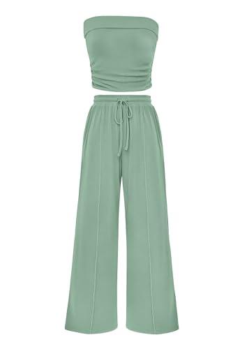 PRETTYGARDEN Womens Summer Outfits 2 Piece Sets Casual Ribbed Knit Crop Tube Top Wide Leg Pants Spring Matching Lounge Set(Fruit Green,Medium)