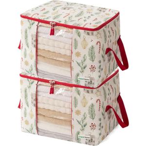 Canvas Storage Bags Designer Organizer 2 Pack – Seasonal Storage for Sweaters, Blankets, Linens & Garments – Foldable Design with Zip & Window, Moth-Proof Space Saver, Candycane Print
