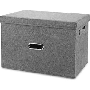 Large Linen Fabric Foldable Storage Bins with Removable Lid and Handles, Washable Storage Box Organizer Containers Baskets Cube with Cover for Bedroom,Closet,Office,Nursery (Grey, XXL)