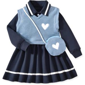 Toddler Girl Long Sleeve Button Down Collared Shirt Dress Sleeveless Vest Sweatshirt with Cute Bag 3 Pieces Outfits (4-5T, Navy Blue)