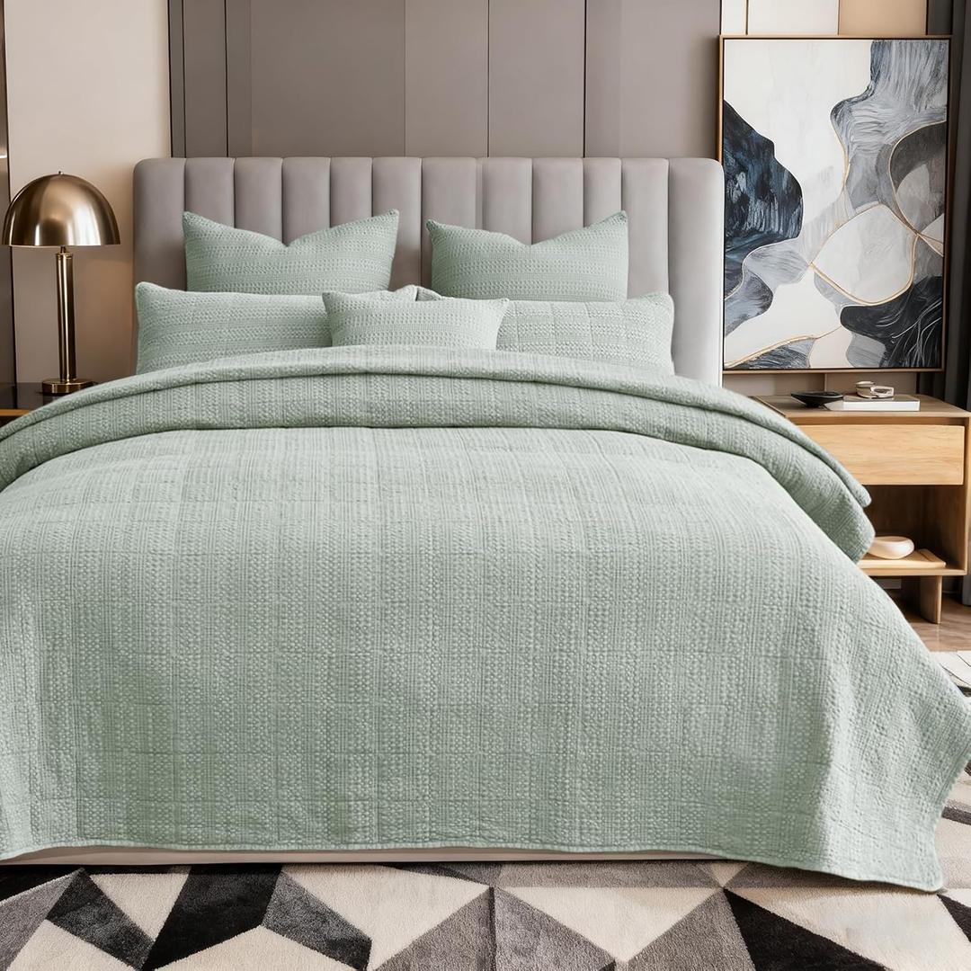 3 Pieces Cotton Quilt Set Queen Size Bedding Sets 90x92 with Pillow Shams Ultra Soft Lightweight Bedspread Waffle Weave Quilted Bed Coverlets for All Season, Green