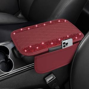 NBTEPEM Bling Burgundy Red Car Center Console Cover, Leather Car Arm Rest Cover with 2 Storage Bags, Universal Auto Armrest Protector Storage Box, Bling Accessories Interior for Most Vehicles