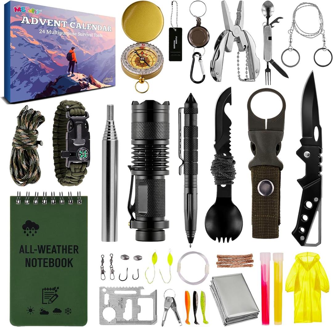 Survival Kit Advent Calendar 2025, 24 Days Outdoor Camping Gear Advent Calendar for Men, Tactical Emergency Survival Tools Gift Set for Dad Him Hunters Hikers Preppers Christmas Countdown Box