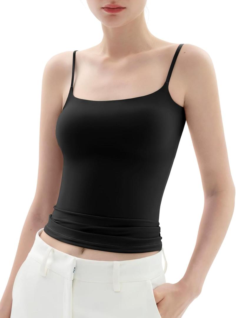 PUMIEY Women's Square Neck Tank Top Adjustable Spaghetti Straps Sleeveless Basic Tops Sharp Collection (Large, Jet Black)