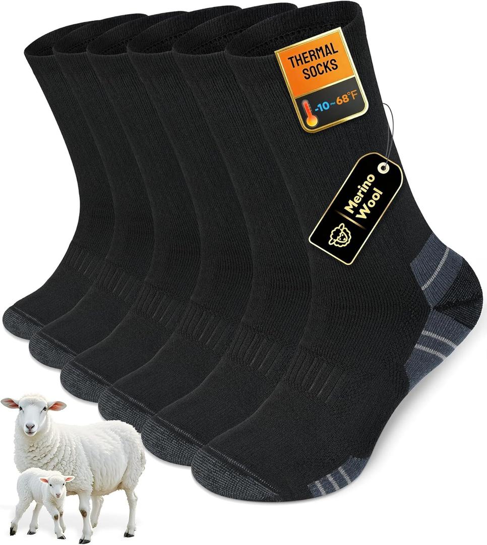 Merino Wool Hiking Crew Socks, Thick Thermal Warm Winter Cushioned Sock For Men & Women, Moisture-Wicking 3 Pairs (Black)