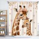 Funny Giraffe Shower Curtain Watercolor Tropical African Wildlife Safari Giraffe Forest Animal Love Heart Mother's Day Family Brown Bathroom Decor Fabric Curtain with Hooks 70X70Inch