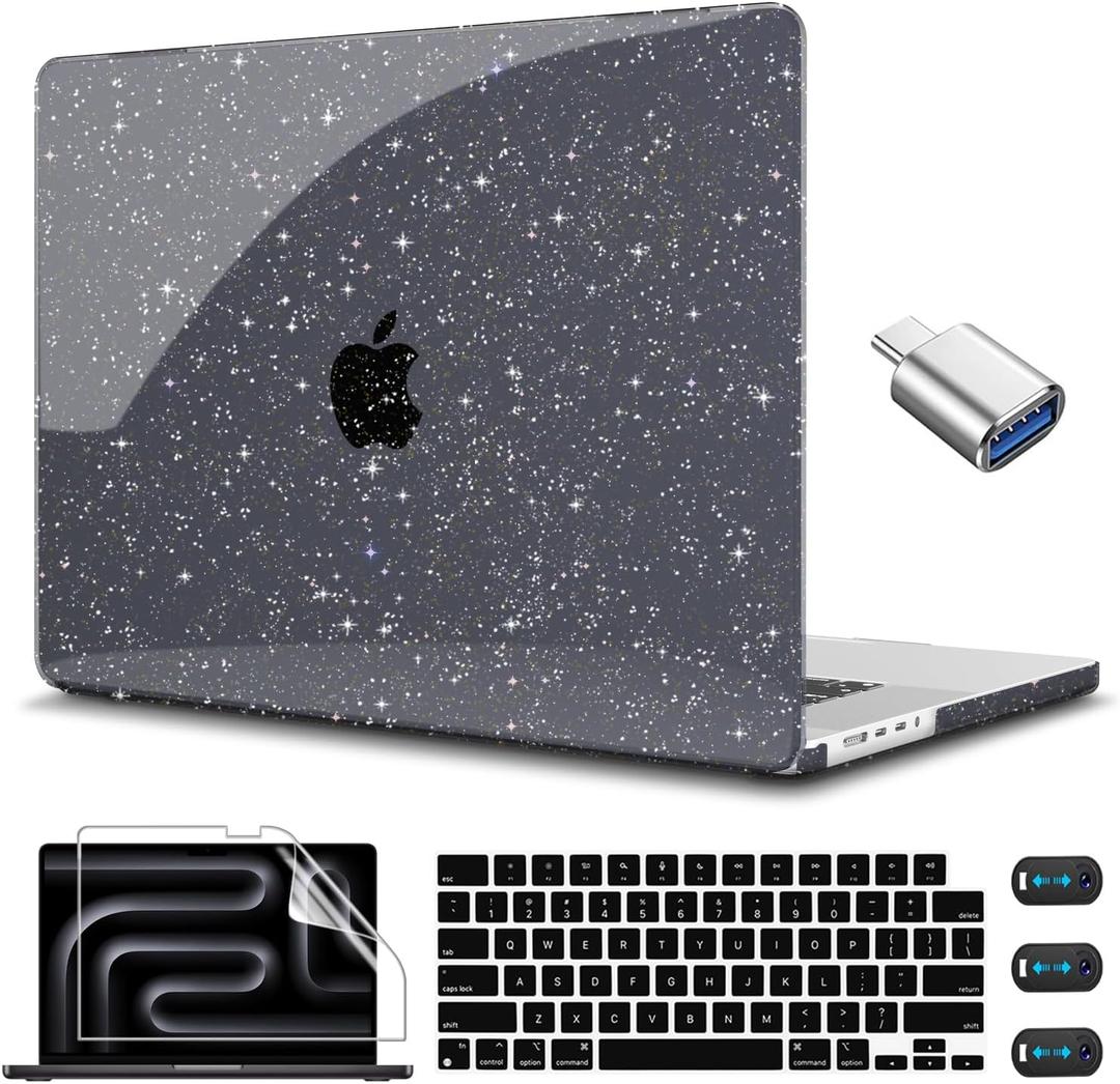 CISSOOK Sparkly Glitter Star Case for MacBook Pro 14 Inch 2024 Model M4 A3112 A3185 A3401 A2918 A2992 M3 A2779 M2 A2442 M1 Pro Max, Black Hard Shell Case for MacBook Pro 14 2025-2021 Release