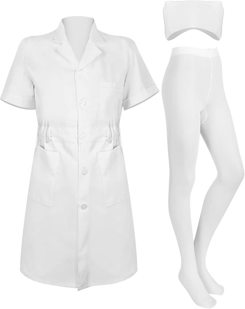 Hercicy Nurse Dress Costume Set for Women White Short Sleeve Medical Lab Coat Nurse Cap Footed Pantyhose Halloween Cosplay (3X-Large)