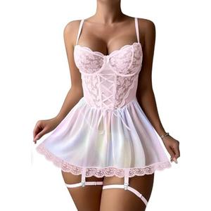 Lilosy Sexy Garter Belt Mesh Lace Babydoll Lingerie Dress Set with Thong Large