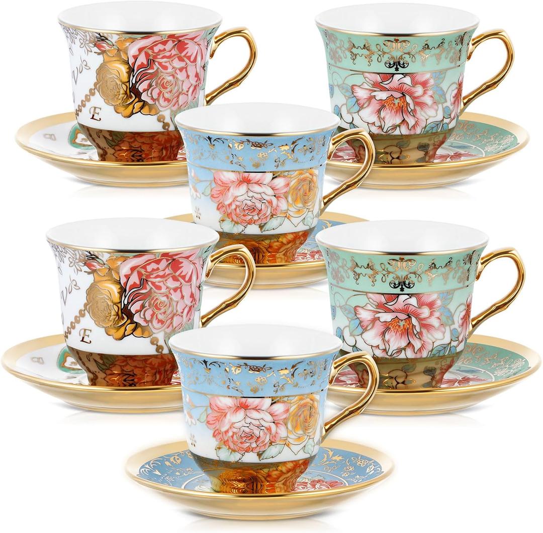 Teenyyou Set of 6 Tea Cups and Saucers Tea Party Decorations Floral Porcelain 5.4 oz British Gift for Women Birthday Party, Church, and Mother's Day (Classic Style)