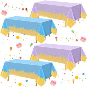 Oudain Disposable Ice Cream Tablecloth 4 Pack, 54x108 Inch Plastic Rectangle Table Covers for Ice Cream Birthday Decorations, Sweet One Party, Indoor & Outdoor(Blue,Purple)