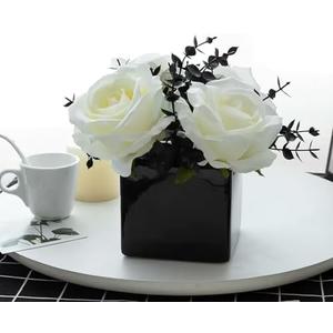 NAWEIDA Artificial Flowers with Small Ceramic Vases, Roses in Vases Plastic Artificial Flowers and Plants,Used for Home Office Wedding Decoration, Table Decoration
