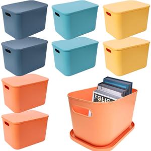 YEXEXINM 8 Pack Colorful Plastic Storage Bins with Lid and HandleStackable Storage Box Basket ContainersDesktop Storage Box Cubby Bins for Shelf Cabinet Kitchen Bathroom Office10 x 7 x 6.1Inch