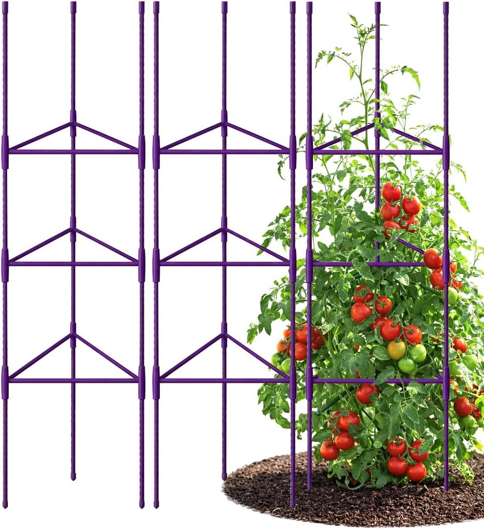 Growsun 51 inch Tomato Cage Heavy-Duty Plant Support Cucumber & Vine Vegetables Adjustable Purple Metal Garden Trellis for Climbing Plants, Indoor & Outdoor Use, 3 Pack