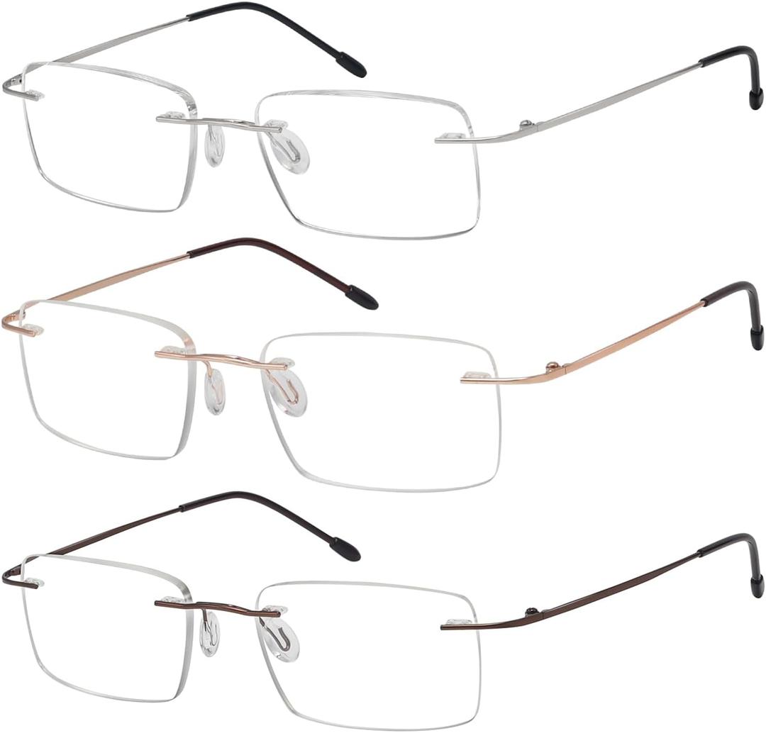 Eyekepper 3-Pack Rimless Metal Reading Glasses for Men - Rectangle Frameless Readers (Brown/Sliver/Gold)+1.50