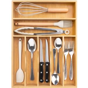 Bellsal Natural Utensil Organizer 12.5 Inch Silverware Organizer for Drawer Utensil Holder Cutlery Organizer Kitchen Drawer Organizer 7 Compartment Small Narrow Bamboo