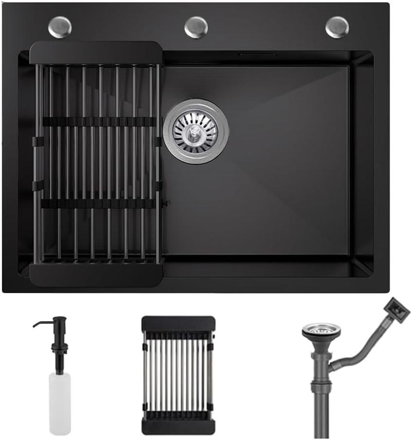 31.5 x 17.7 Inch Black Drop In Kitchen Sink,Stainless Steel Topmount Single Bowl Sink,Large Capacity Utility Workstation Sink With Soap dispenser & Drain Basket