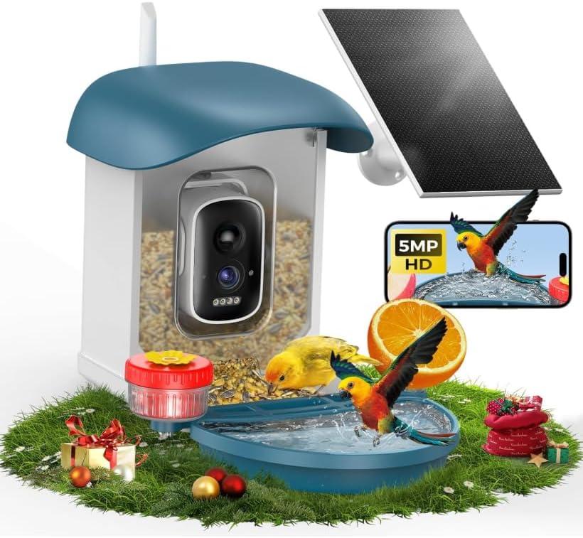 Bird Feeder with Camera 5MP Live Video, Solar Powered Smart AI Identify Birds Species, 2.4Ghz WiFi Camera Bird Feeder with Squirrel-Proof, Instant Arrival Alerts, Ideal Gifts for Bird Lovers