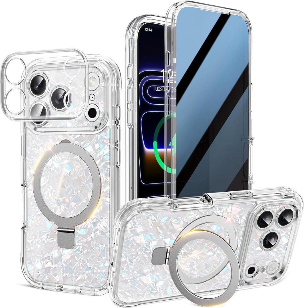 Magnetic Privacy Case for iPhone 17 Pro Max [DIY Colorful Pearl Cardstock] [Invisible Magnetic Kickstand] Built-in Anti Peep Screen Protector, Camera Protection Full Body Cute Case for Women - Clear