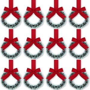 12 Pcs Christmas Kitchen Cabinet Wreaths with Ribbon 3.94 Inch Mini Christmas Wreath Small Kitchen Xmas Decor for Window Door(Red,Snowy Style)