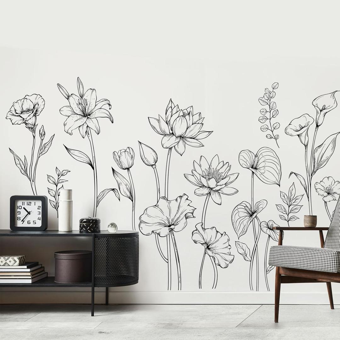 Large Black and White Flower Wall Decals Simple Modern Minimalist Garden Flower Wall Stickers Peel and Stick Floral Wall Art Decor for Girls Bedroom Living Room Office Adult Home Decor Gift for Mom