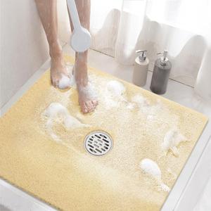 HITSLAM Square Shower Mat, 24 x 24 Inch Non Slip Bath Mat for Tub, Soft PVC Loofah Bathtub Mats with Drain Holes, Quick Drying Bathroom Stall Floor Mat, Bathroom Accessories Without Suction Cup, Beige