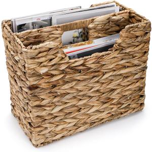 Yesland Hand-Woven Magazine Basket, Natural Narrow Water Hyacinth Holder Magazine Wicker Basket Organizer for Files, Decorative Divided Magazine Storage Basket Bin with Handle for Home, Office, Desk