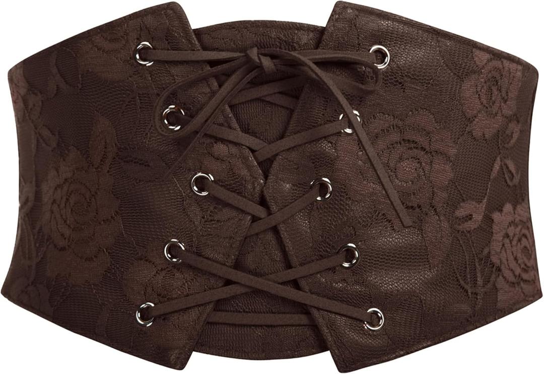GRACE KARIN Women's Elastic Wide Waist Belt Renaissance Pirate Corset Cinch Belt Cosplay Costume with Press Button (Brown, M)