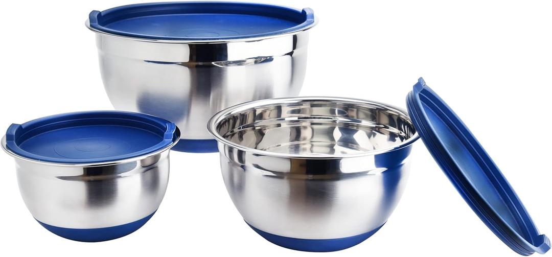 ARC Stackable Stainless Steel Mixing Bowl with Airtight Lids Set of 3, Kitchen Mixing Bowl for Baking, Metal Mixing Bowls with Non-Slip Silicone Bottom, Cooking bowls for kitchen Prep.